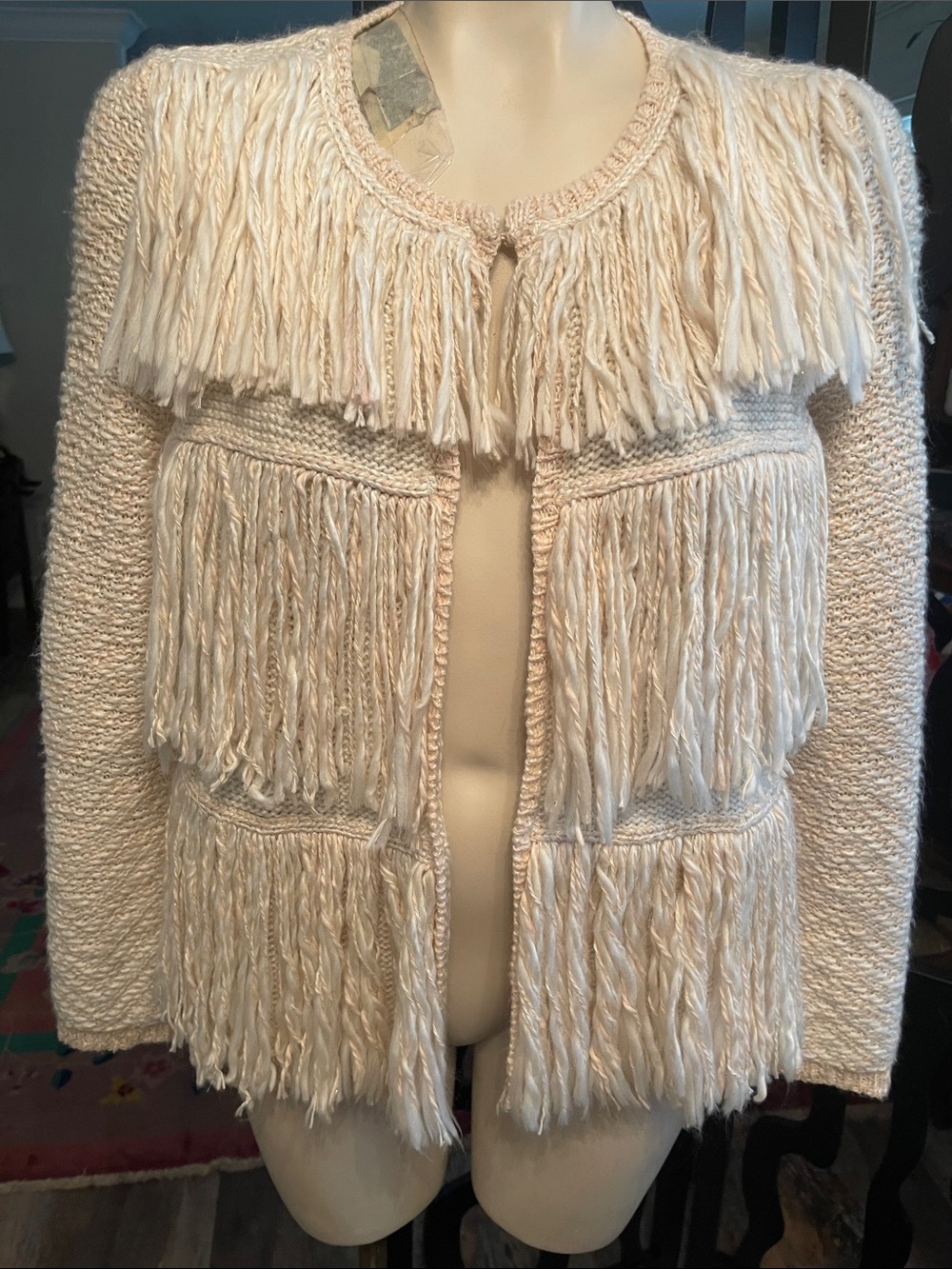 Chico's Cream Fringe Knit Cardigan Jacket